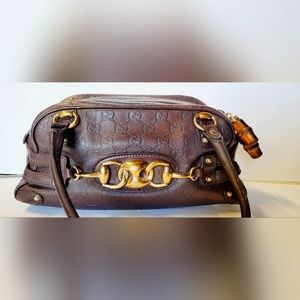 GUCCI Brown Leather ssima Horsebit Wave Boston Bag